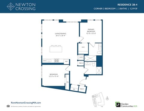Floor plan for 2 beds, 2 baths, 1219 sqft